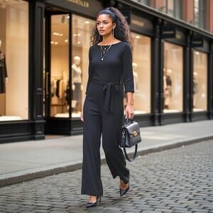 Nic + Zoe Black Wide Leg Jumpsuit Tie Waist Keyhole Back Size M Minimalist